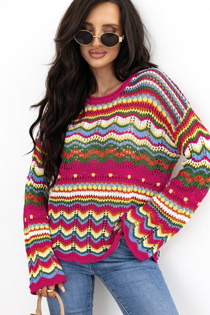 Colourblock Striped Hollowed Knit Loose Sleeve Sweater | Rose Red