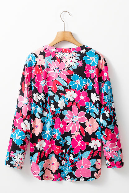 Floral V Neck Roll Tab Sleeve Blouse | Pink