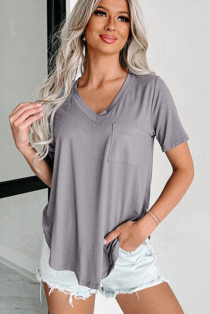 V Neck Pocketed Rounded Hem Tee | Medium Grey