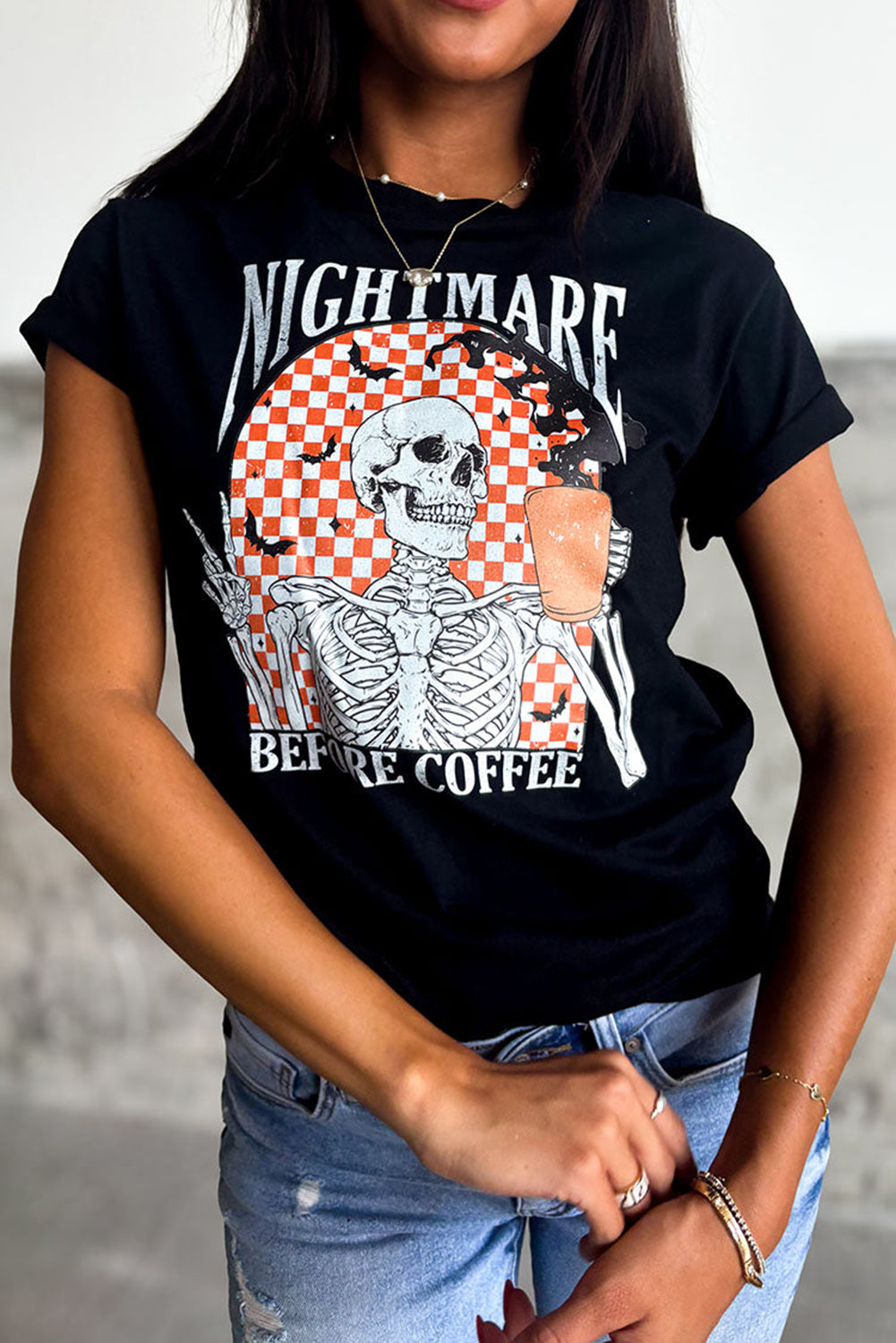 Nightmare Before Coffee Skull Checkerboard Graphic Halloween Tee | Black