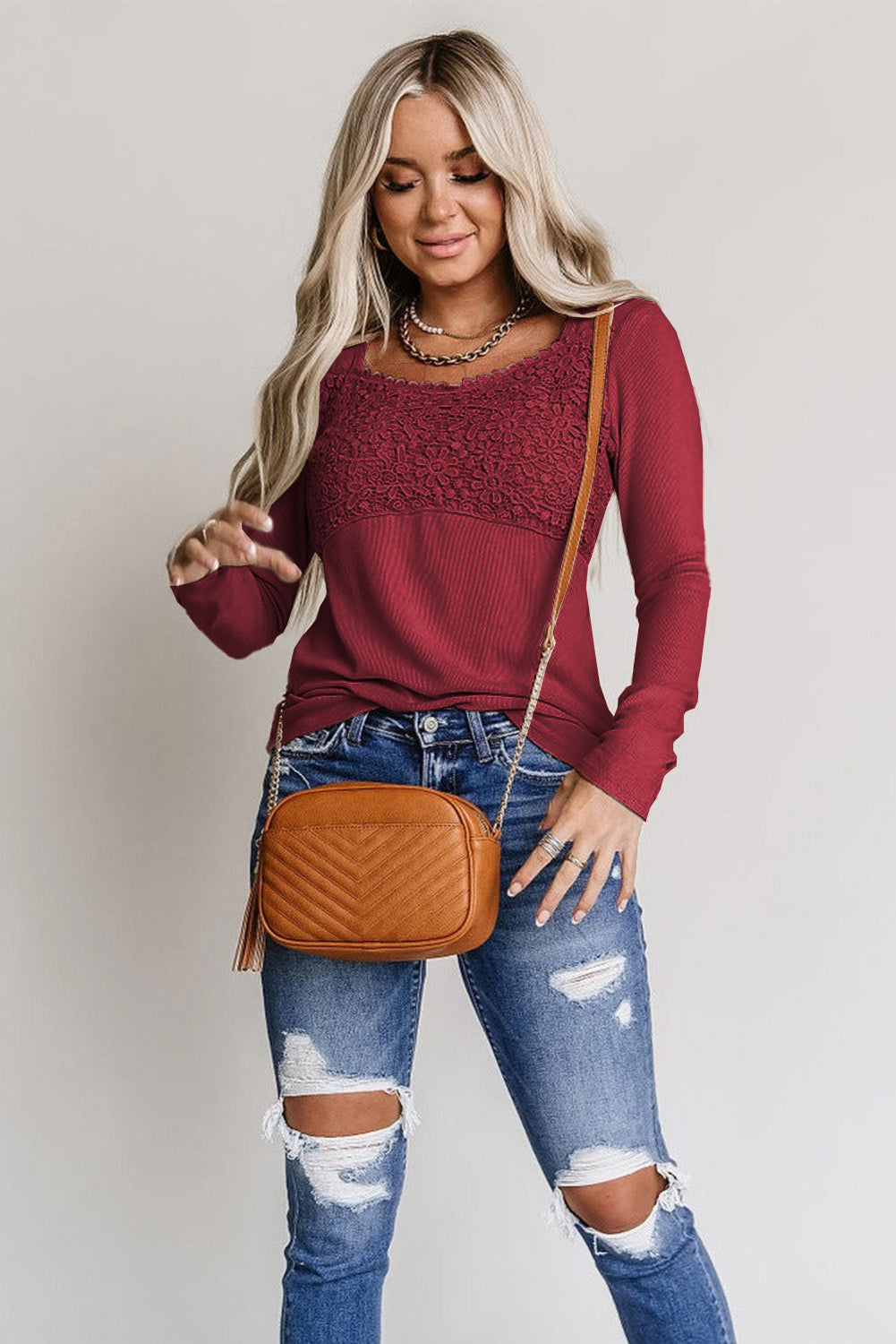 Fiery  Lace Crochet V Neck Long Sleeve Top | Red