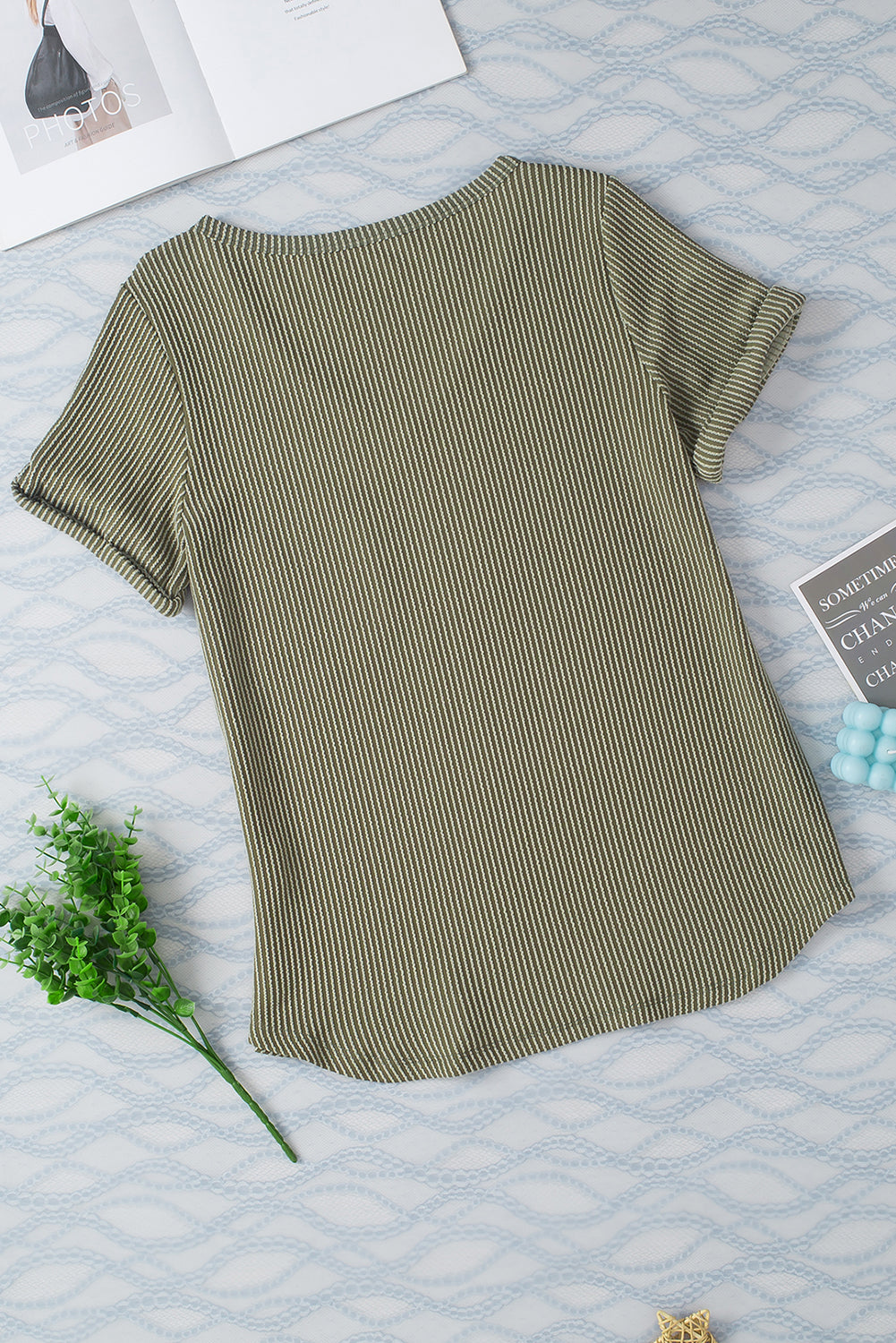 Twist Short Sleeve Corded V Neck Top | Laurel Green