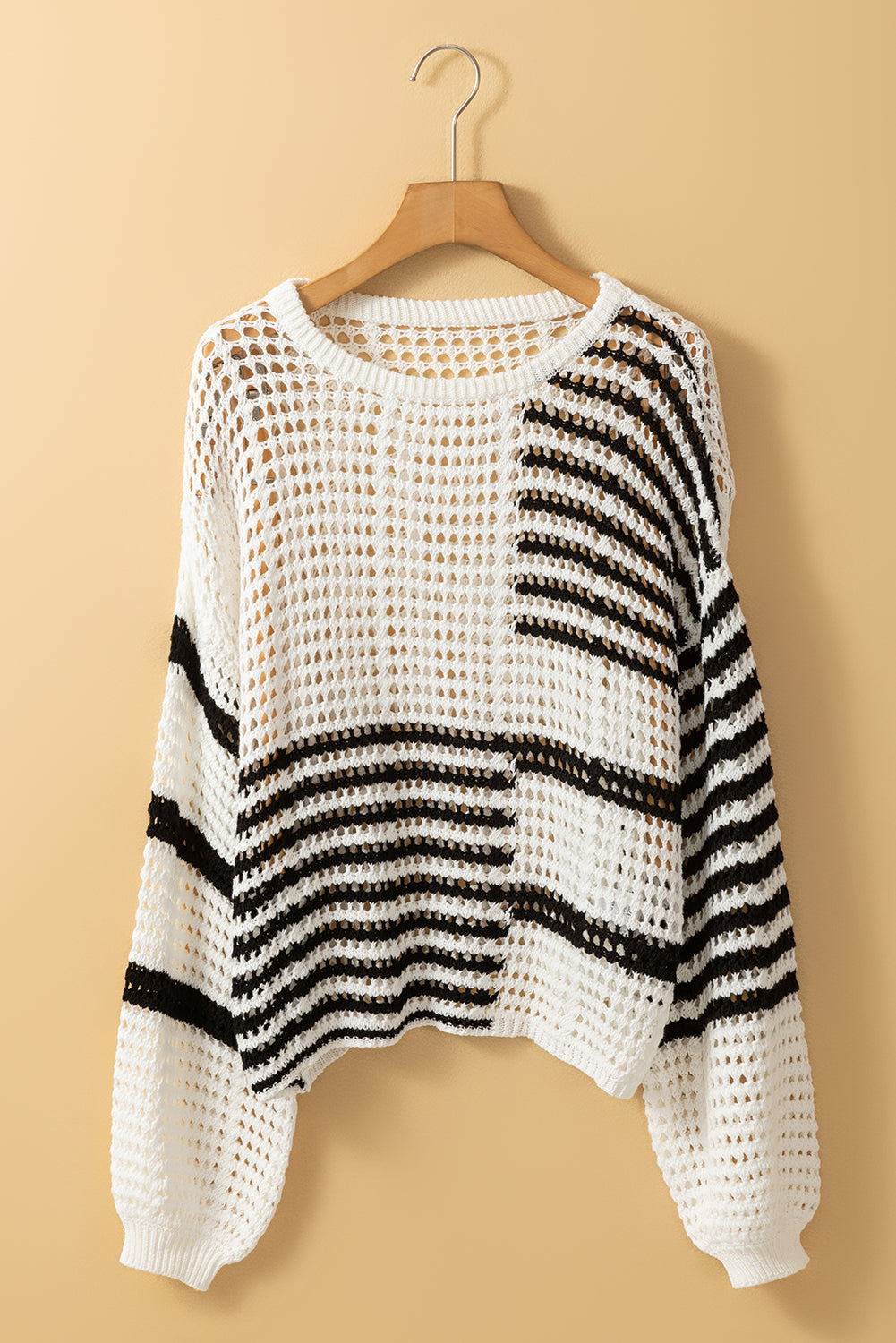 Contrast Striped Crochet Puff Sleeve Sweater | White Stripe