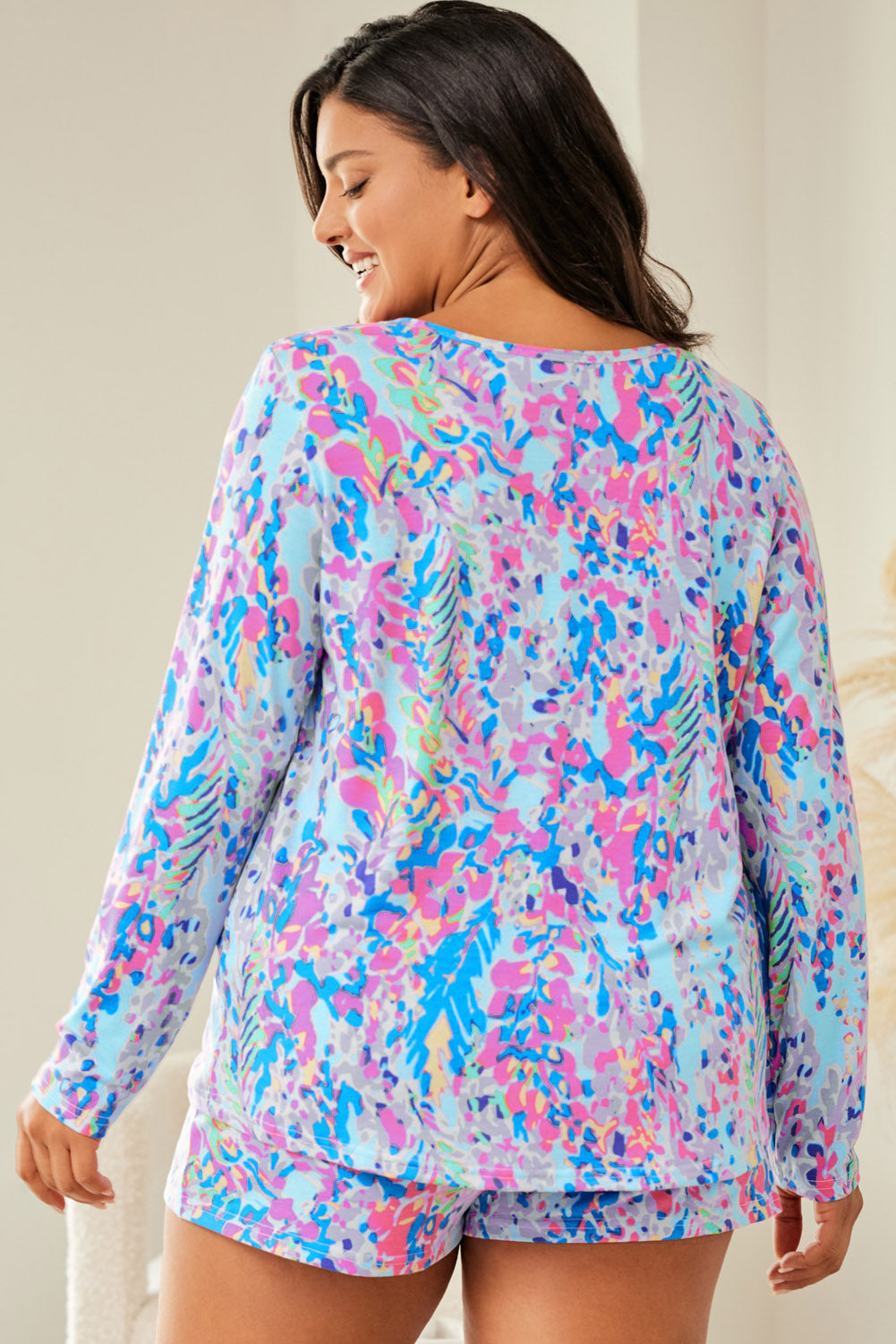 Plus Size Floral Print Long Sleeve And Shorts Lounge Outfit | Sky Blue