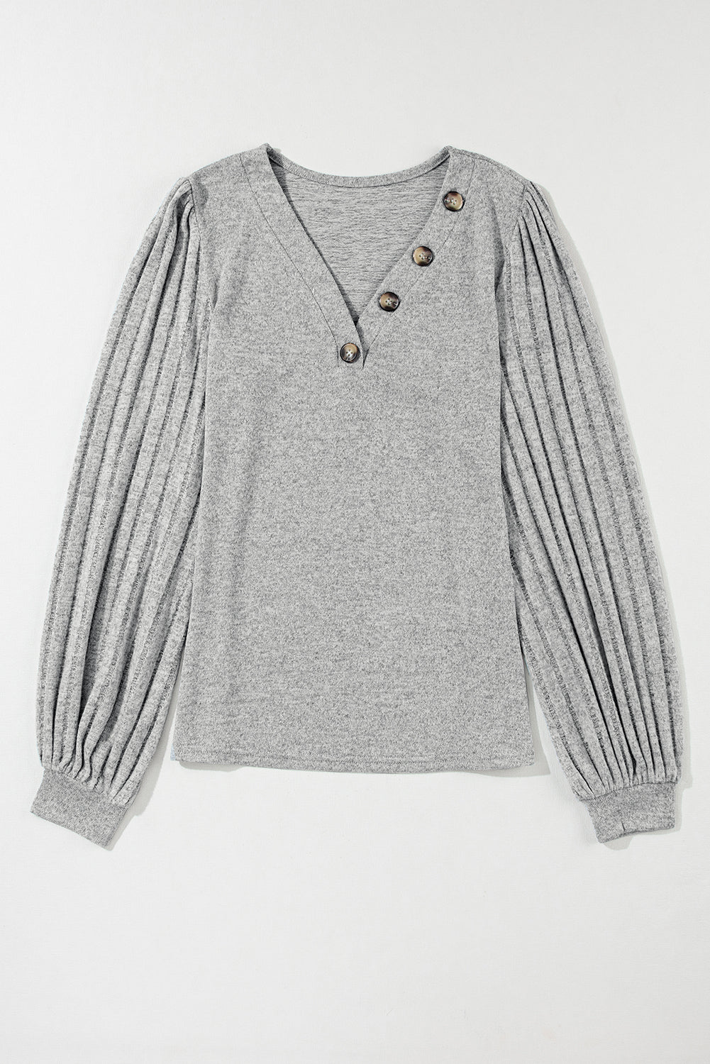 Buttoned V Neck Ribbed Puff Sleeve Top | Light Grey