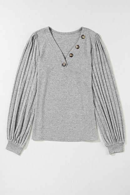 Buttoned V Neck Ribbed Puff Sleeve Top | Light Grey