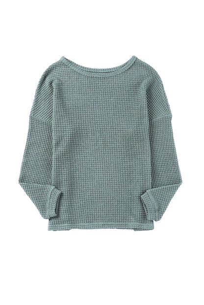 Waffle Knit Drop Shoulder Long Sleeve Top | Green