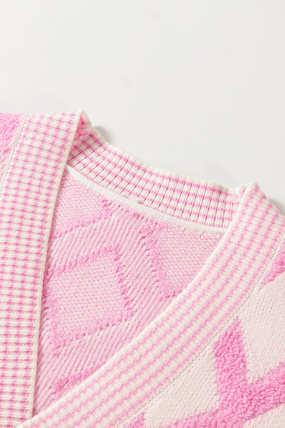 Rhombus Pattern Knit Open Front Pocketed Cardigans | Pink