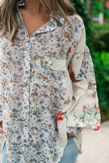 Boho Floral Bishop Sleeve Button Up Loose Shirt | Purple