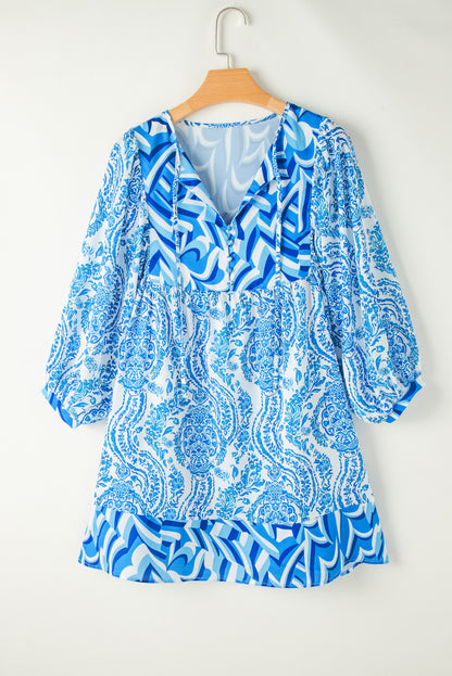 Bohemian Print Puff Sleeve Tied V Neck Flared Mini Dress | Sky Blue