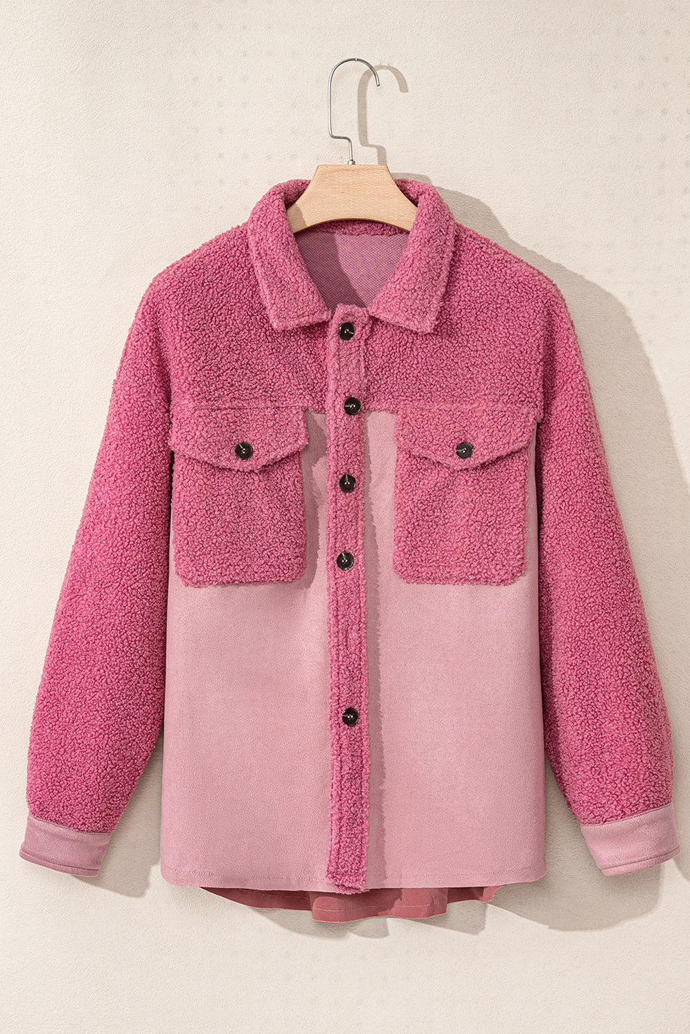 Colourblock Buttoned Flap Pocket Sherpa Shacket | Pink