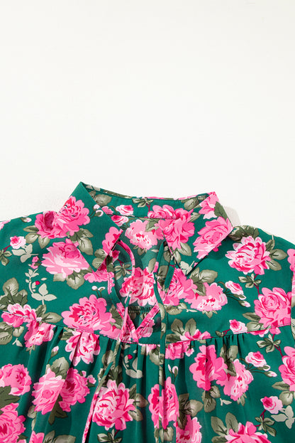 Floral Printed Tied Collar Puff Sleeve Blouse | Green