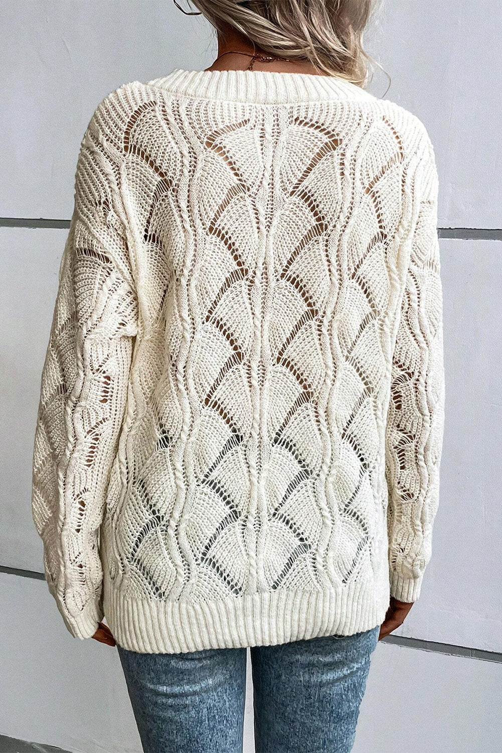 Hollow Out Knit V Neck Drop Shoulder Sweater | Beige