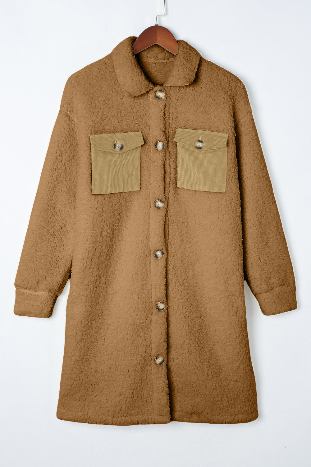 Contrast Flap Pocket Single Breasted Teddy Coat | Khaki