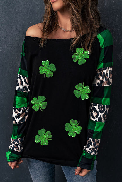 Sequin Clover Patch Graphic Plaid&Leopard Sleeve Top | Green