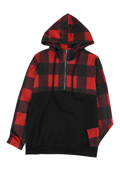 Contrast Buffalo Plaid Zip Pullover Hooded Top | Black