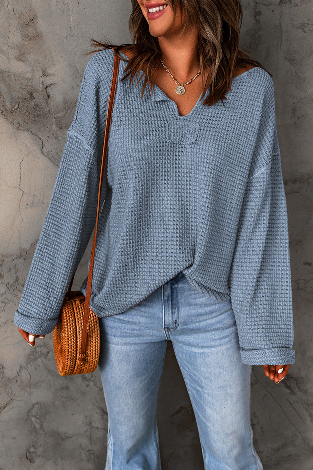 Waffle Knit Loose Long Sleeve Top | Dusk Blue