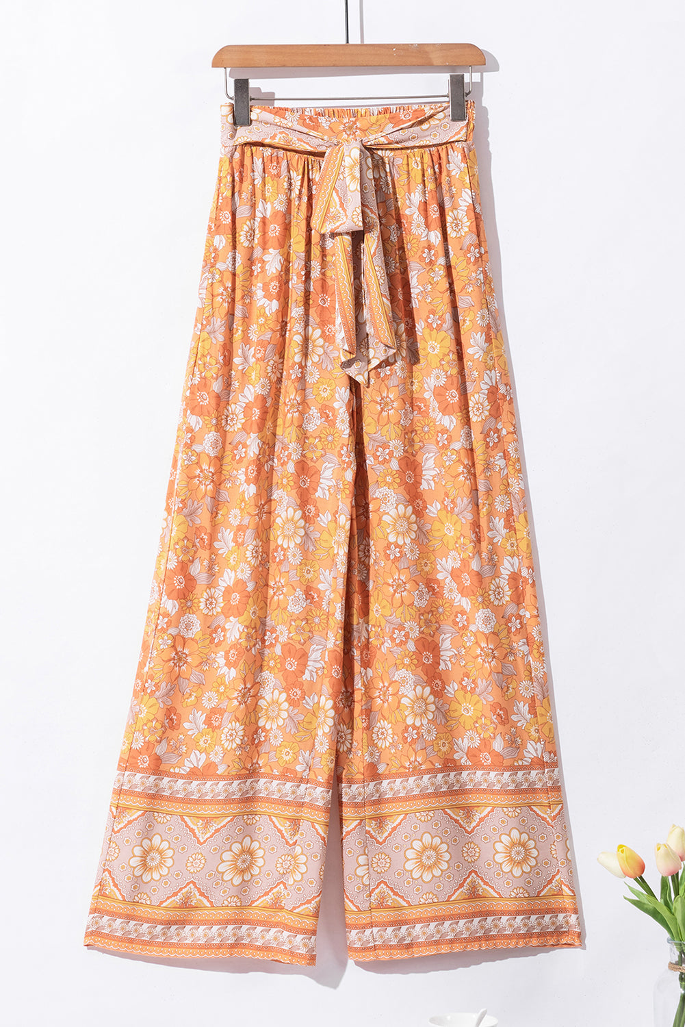 Tie Waist Boho Floral Wide Leg Pants | Grapefruit Orange