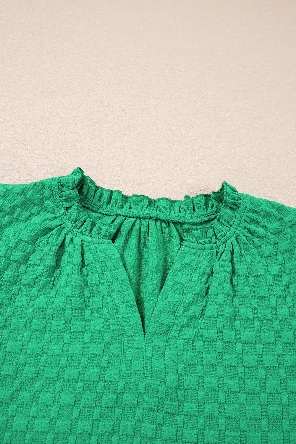 Textured Puff Short Sleeve Notched V Neck Top | Bright Green