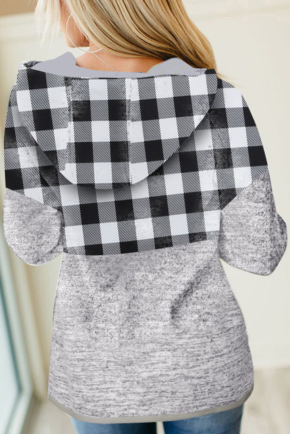 Plaid Splicing Pocketed Hoodie | Black