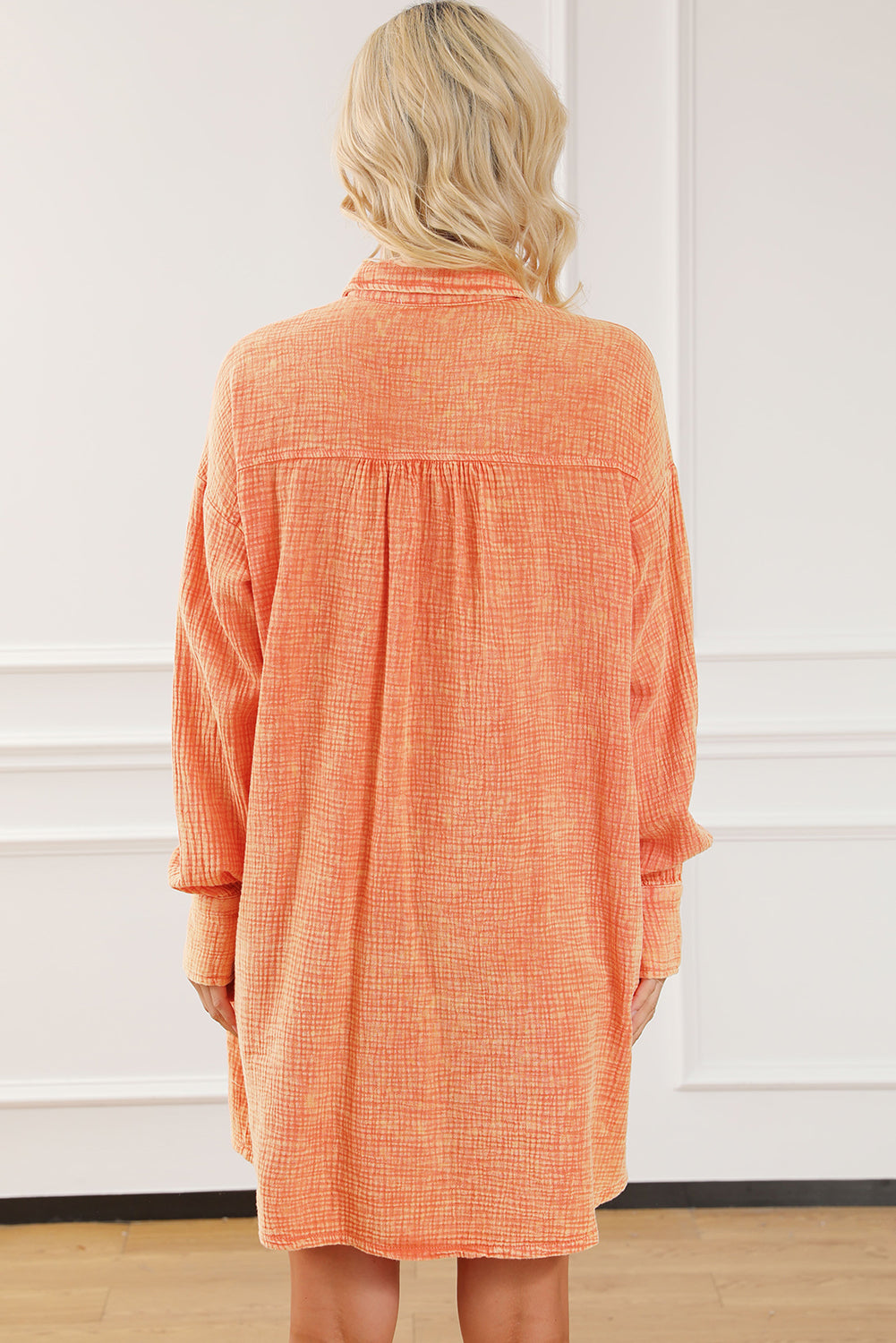 Crinkled Dual Chest Pocket Oversized Shirt Dress | Orange