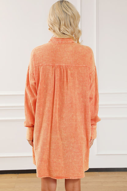 Crinkled Dual Chest Pocket Oversized Shirt Dress | Orange