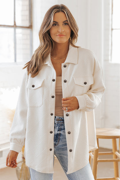 Solid Textured Flap Pocket Buttoned Shacket | Beige