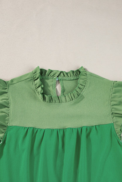 Two Tone Ruffled Flutter Sleeve Blouse | Bright Green