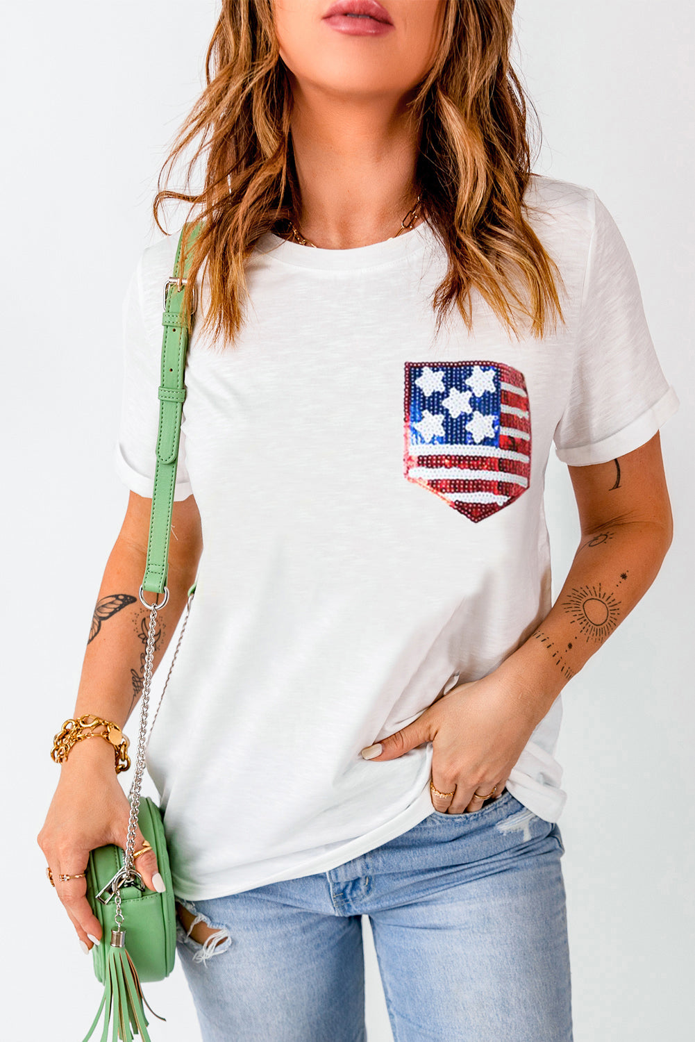 American Flag Sequin Pocket Patched T Shirt | White