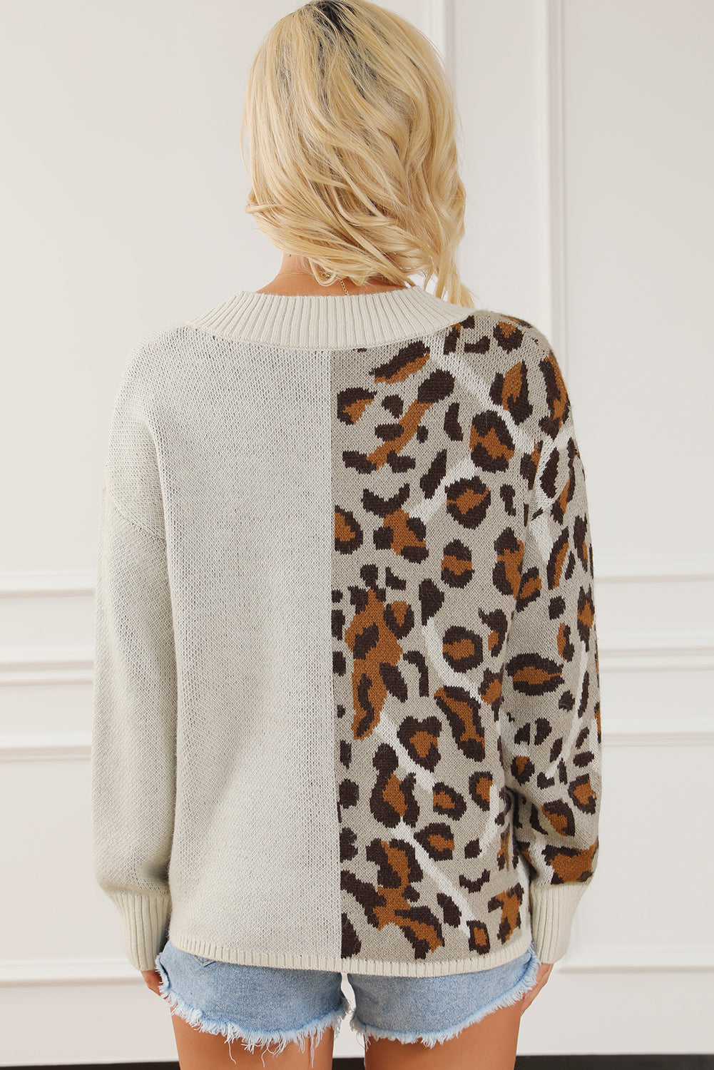 Colour Block V Neck Drop Shoulder Knit Sweater | Leopard