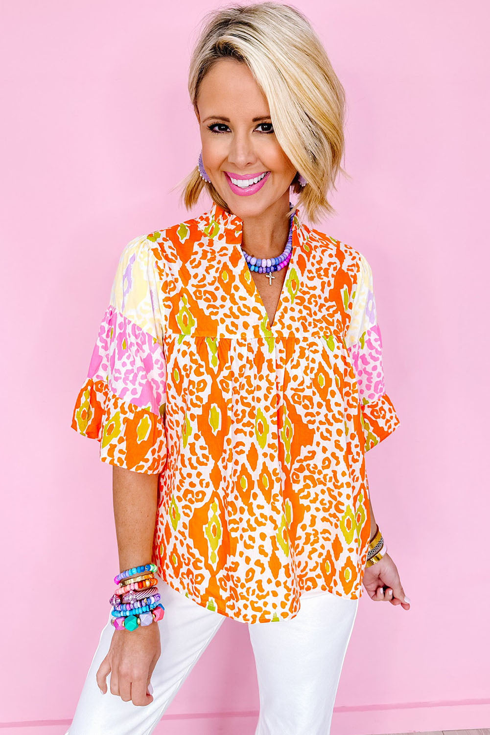 Leopard Colourblock Puff Sleeve Split Neck Blouse | Orange