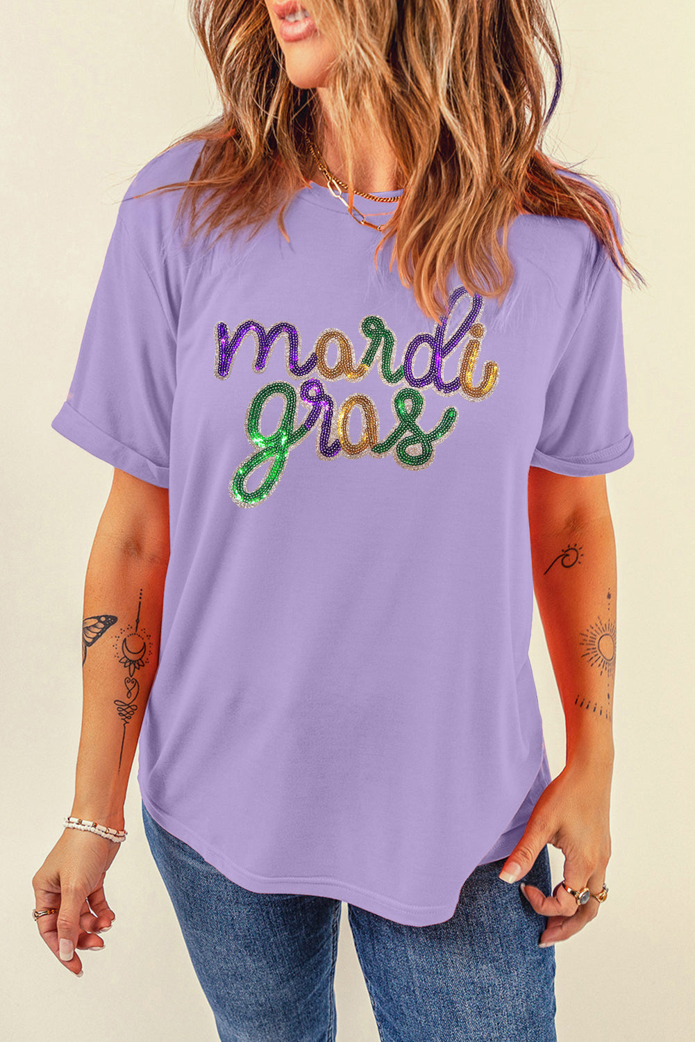 Sequin Mardi Gras Graphic T Shirt | Wisteria