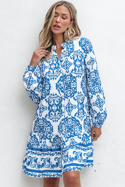 Tribal Print Button Up Notch Neck Loose Mini Dress | Sky Blue