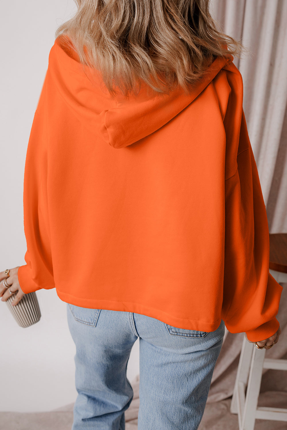 Fleece Lined Half Zipper Kangaroo Pockets Loose Hoodie | Orange