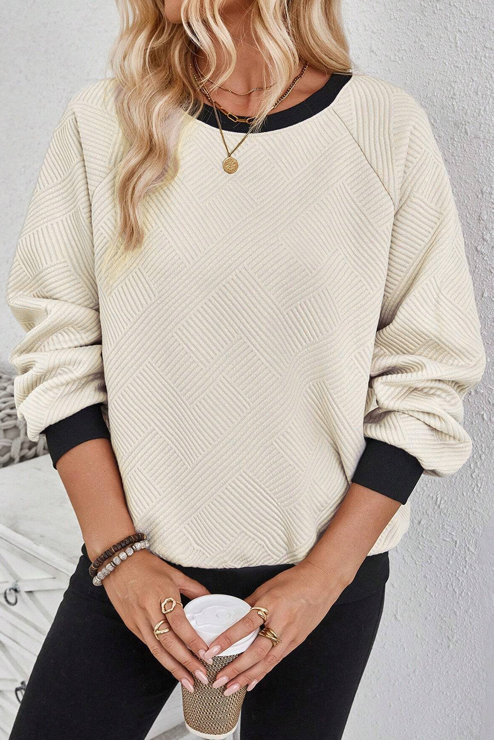 Colour Block Edge Raglan Sleeve Crew Neck Textured Top | Jet Stream