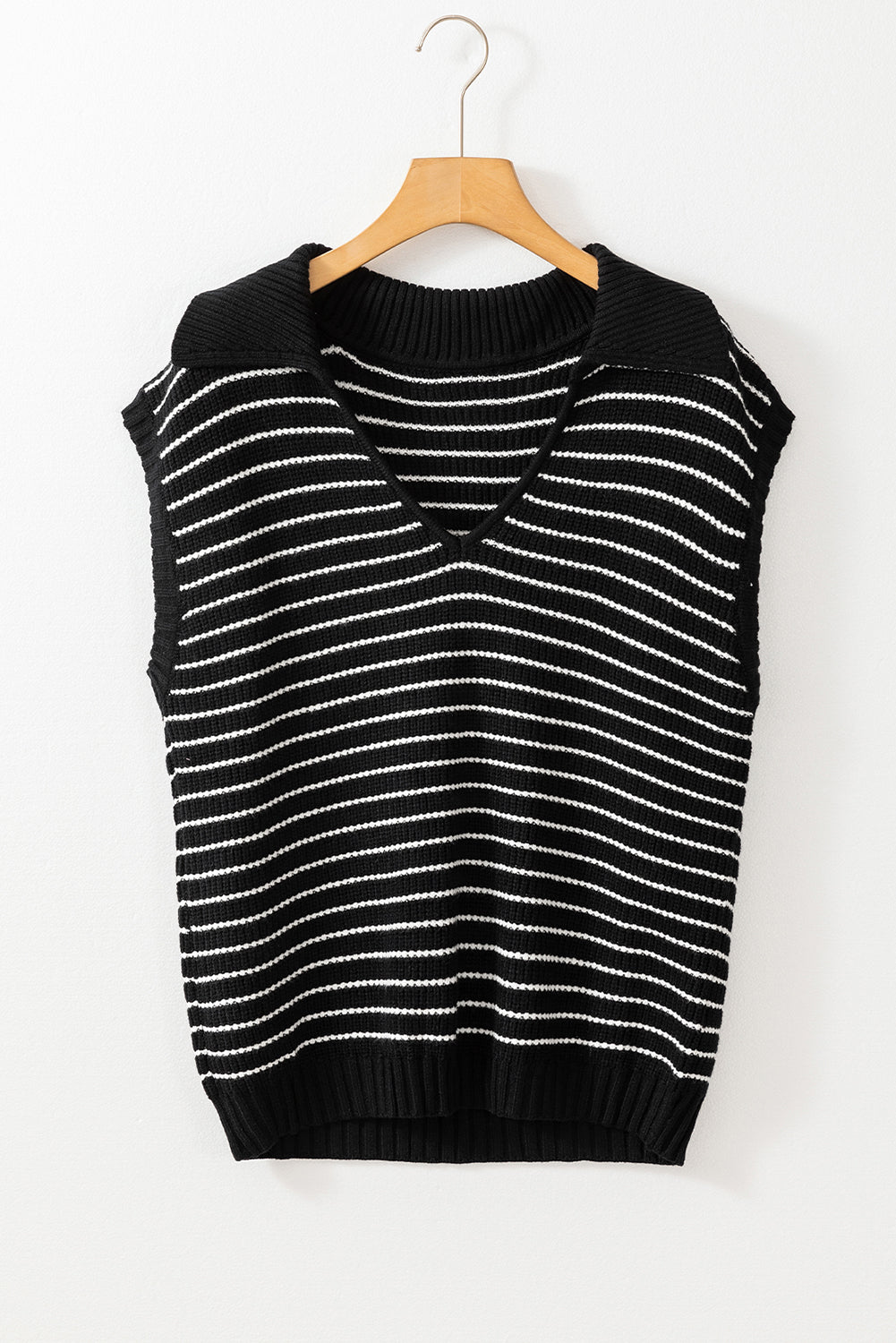 Turn-Down V Neck Sweater Tank Top | Black Stripe