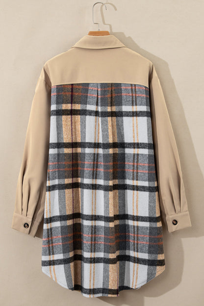 Plaid Patchwork Long Sleeve Shirt Mini Dress | Khaki