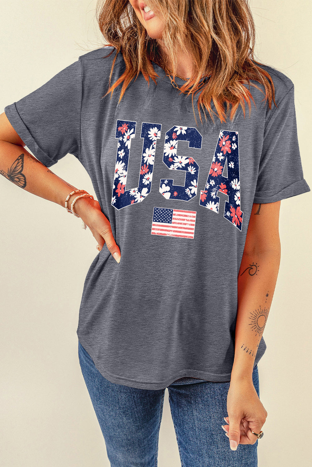 Blooming Usa Flag Print Casual T Shirt | Gray