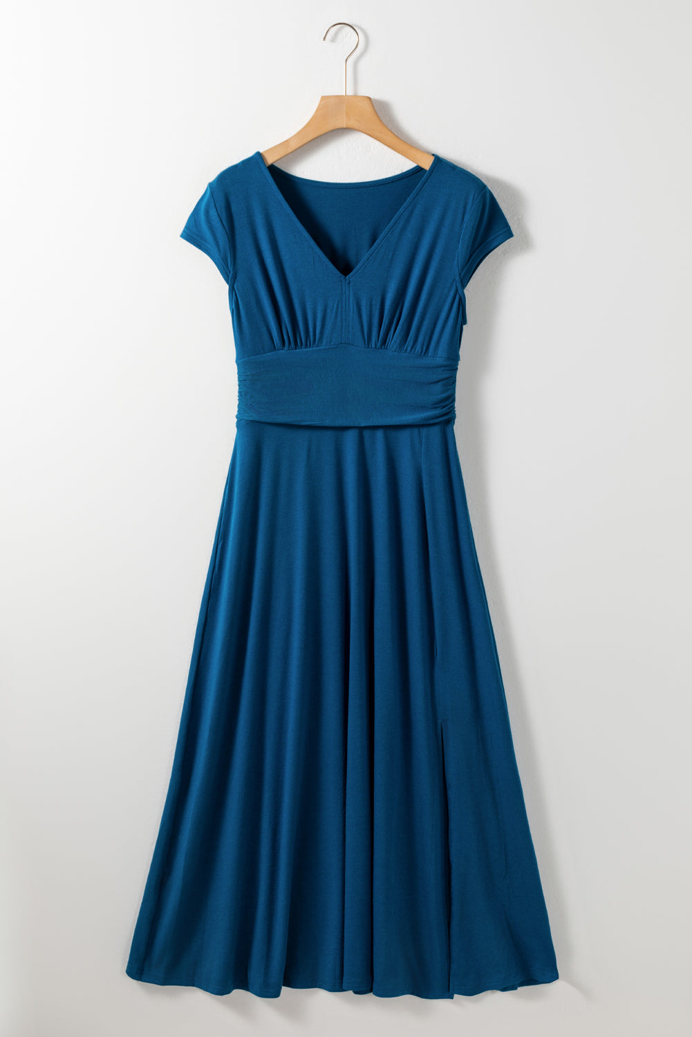 Short Sleeve Shirred High Waist V Neck Maxi Dress | Peacock Blue