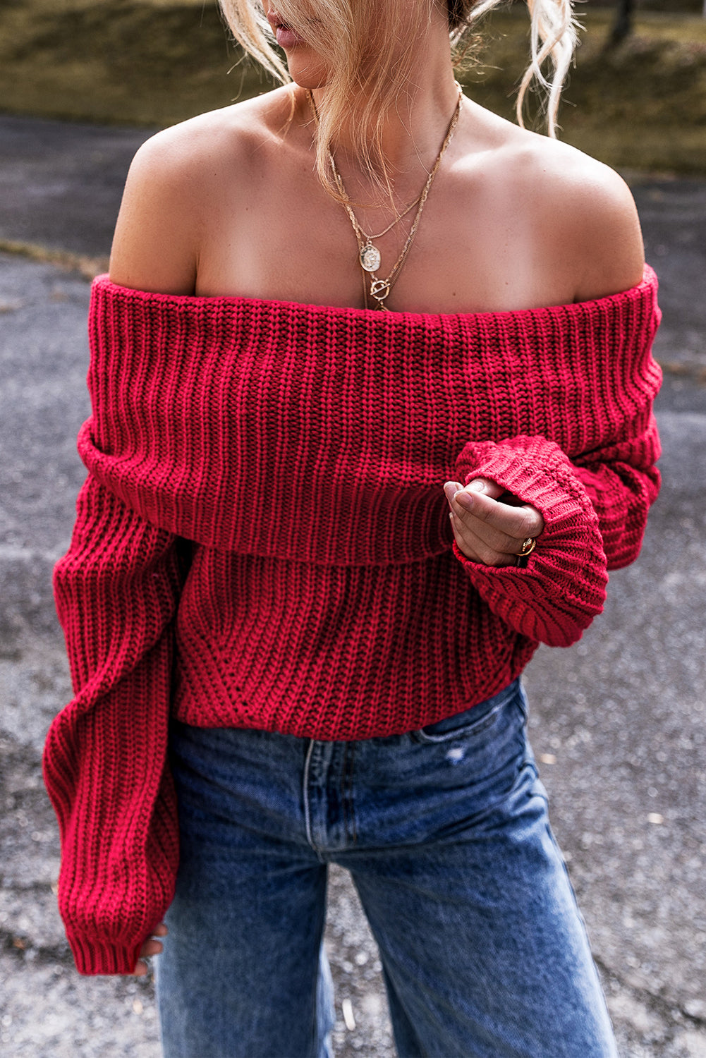 Off-The-Shoulder Knit Sweater | Racing Red