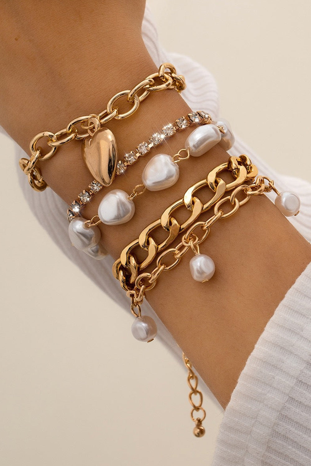 Heart Pendant Pearl Rhinestone Chain Bracelet Set | Gold