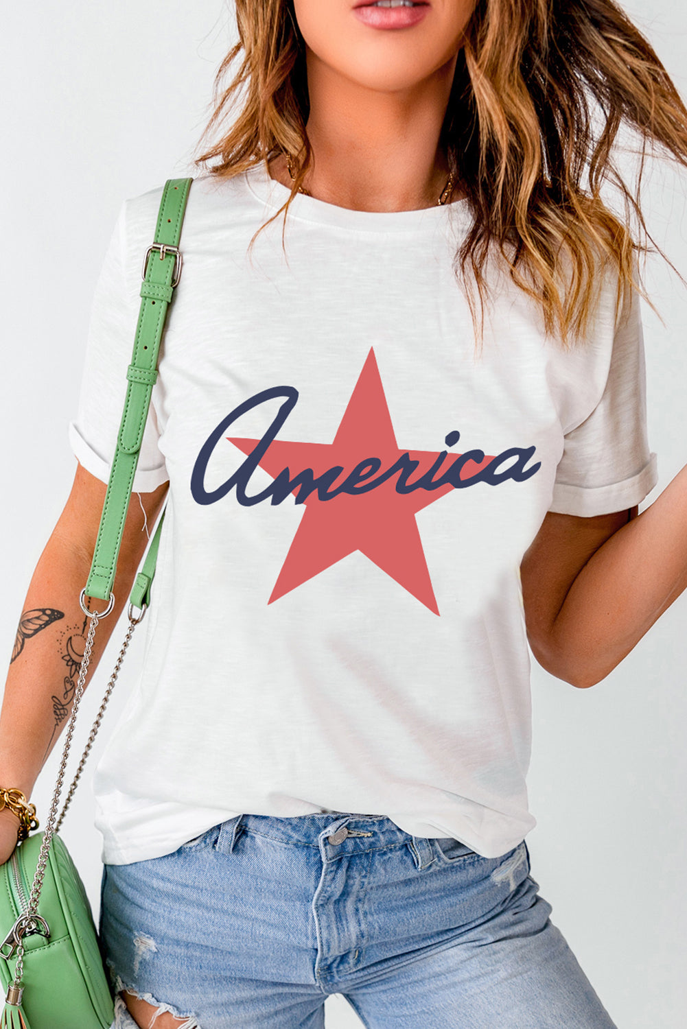 America Star Shape Print O Neck Loose Fit T Shirt | White