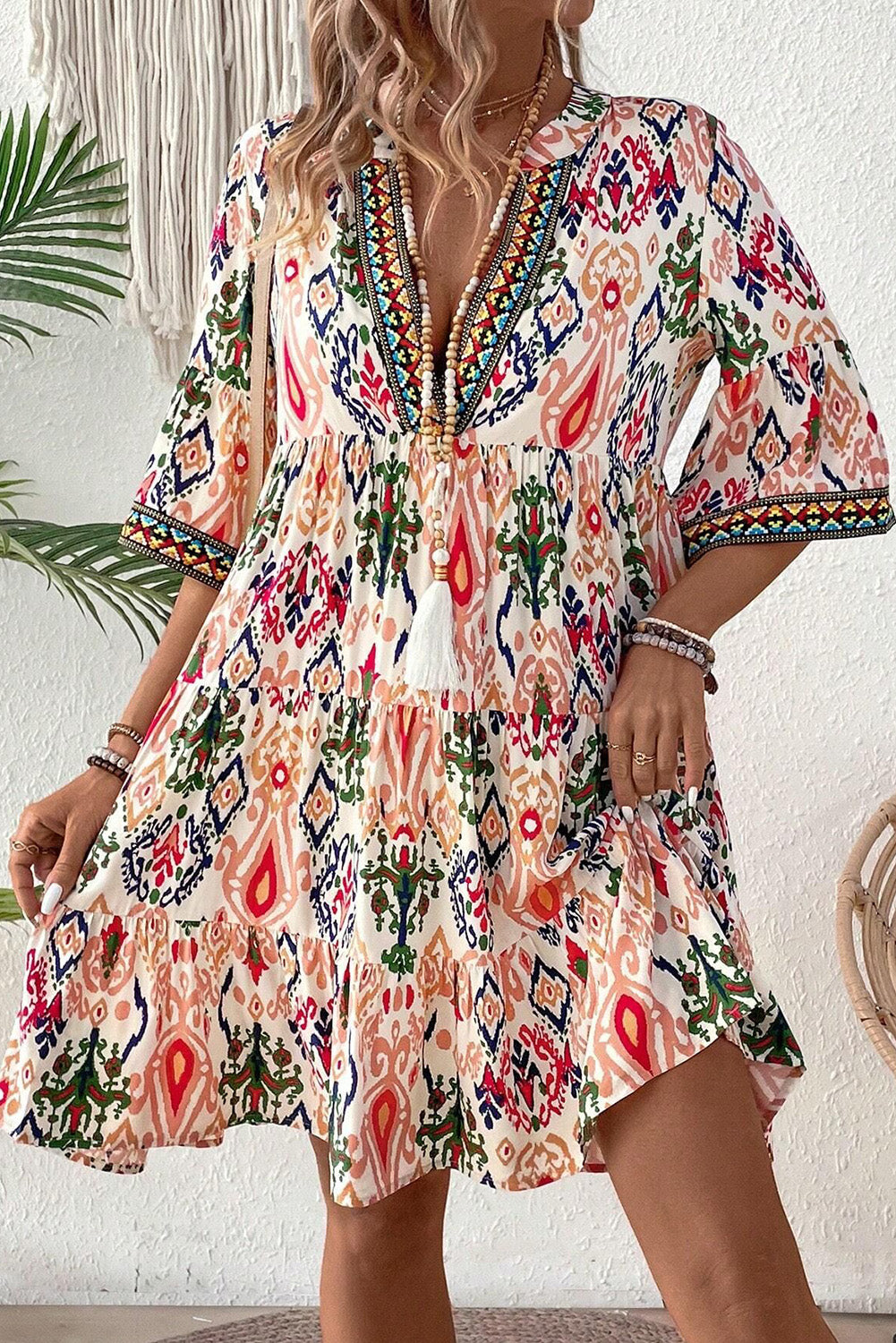 Boho Print V Neck Bracelet Sleeve Mini Dress | Multicolour