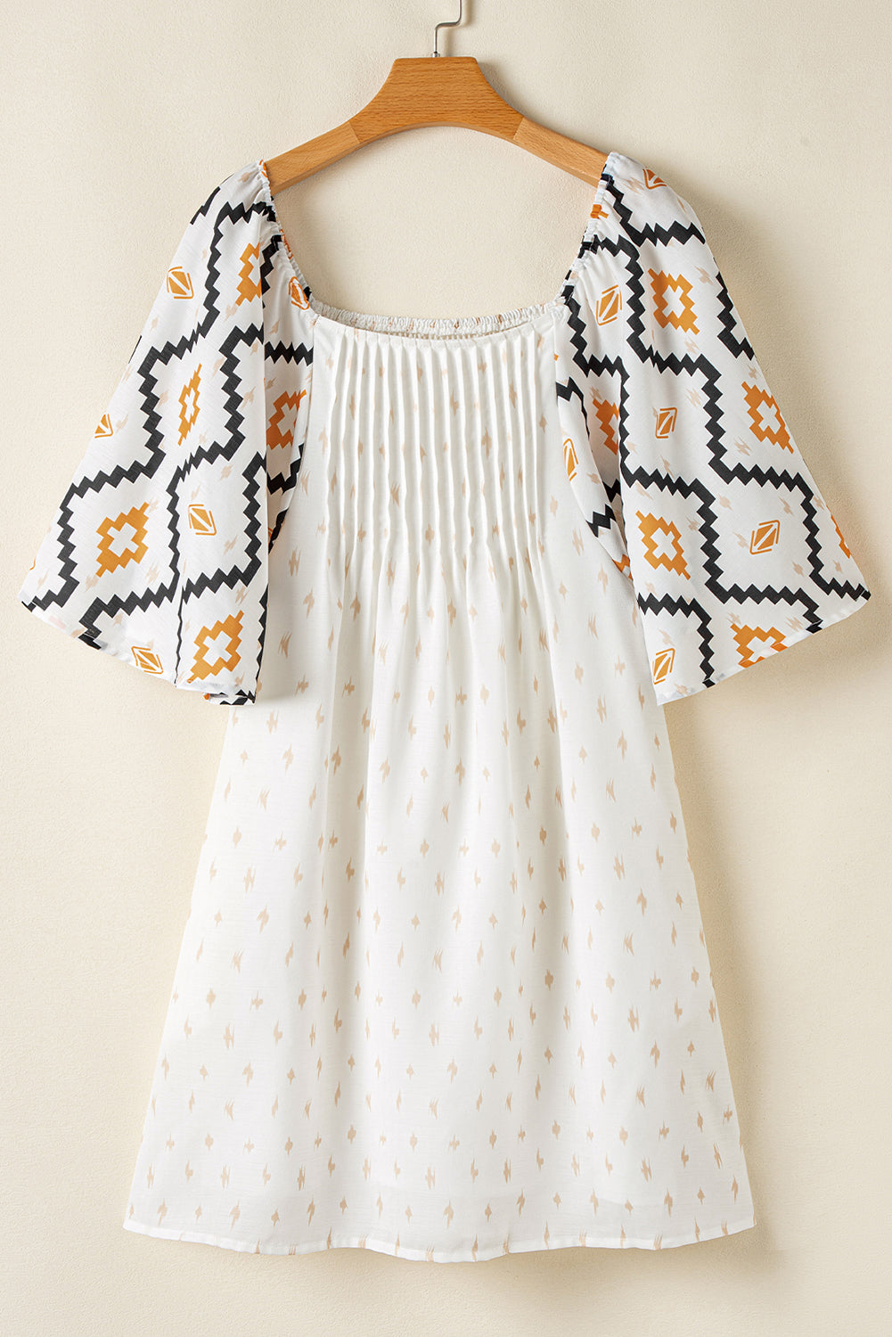 Western Aztec Print Pleated Square Neck Loose Mini Dress | Beige