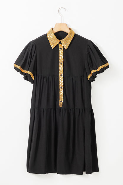 Sequin Trim Bubble Sleeve Game Day Shirt Dress | Black