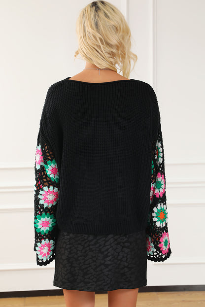 Floral Crochet Bell Sleeve Loose Sweater | Black