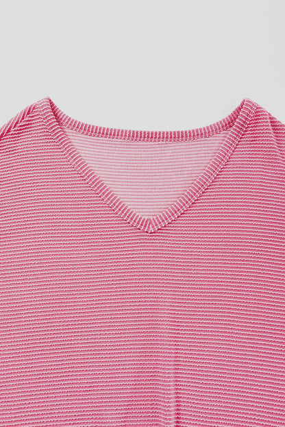 Striped Print Bracelet Sleeve V Neck Top | Strawberry Pink