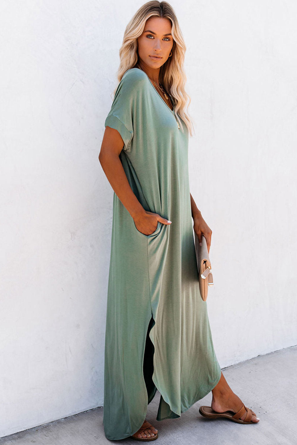 V Neck Hidden Pocket Splits Maxi T-Shirt Dress | Grass Green