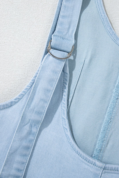 Adjustable Strap V Neck Pocketed Denim Overalls | Beau Blue