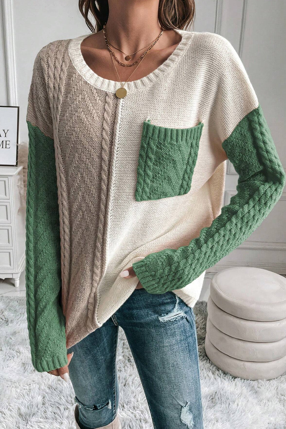 Colourblock Patched Pocket Drop Shoulder Sweater | Vineyard Green